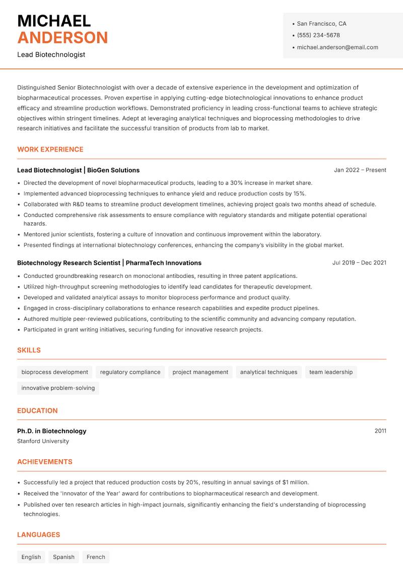 Senior Biotechnologist resume sample — Lead Biotechnologist focus