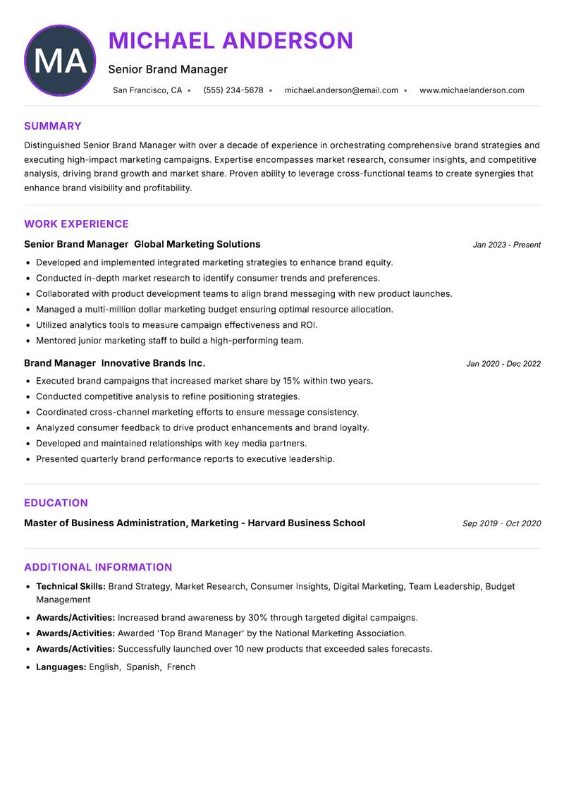 Senior Brand Manager resume example