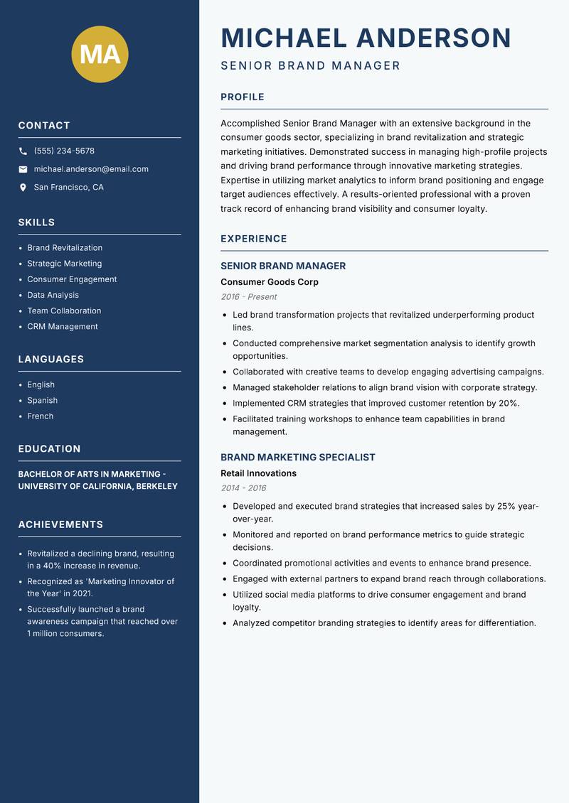 Senior Brand Manager resume sample — Senior Brand Manager focus