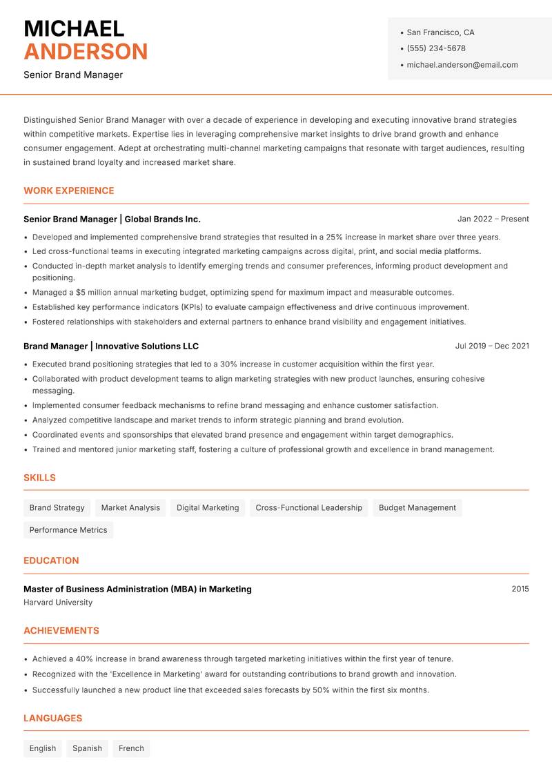 Senior Brand Manager resume sample — Senior Brand Manager focus