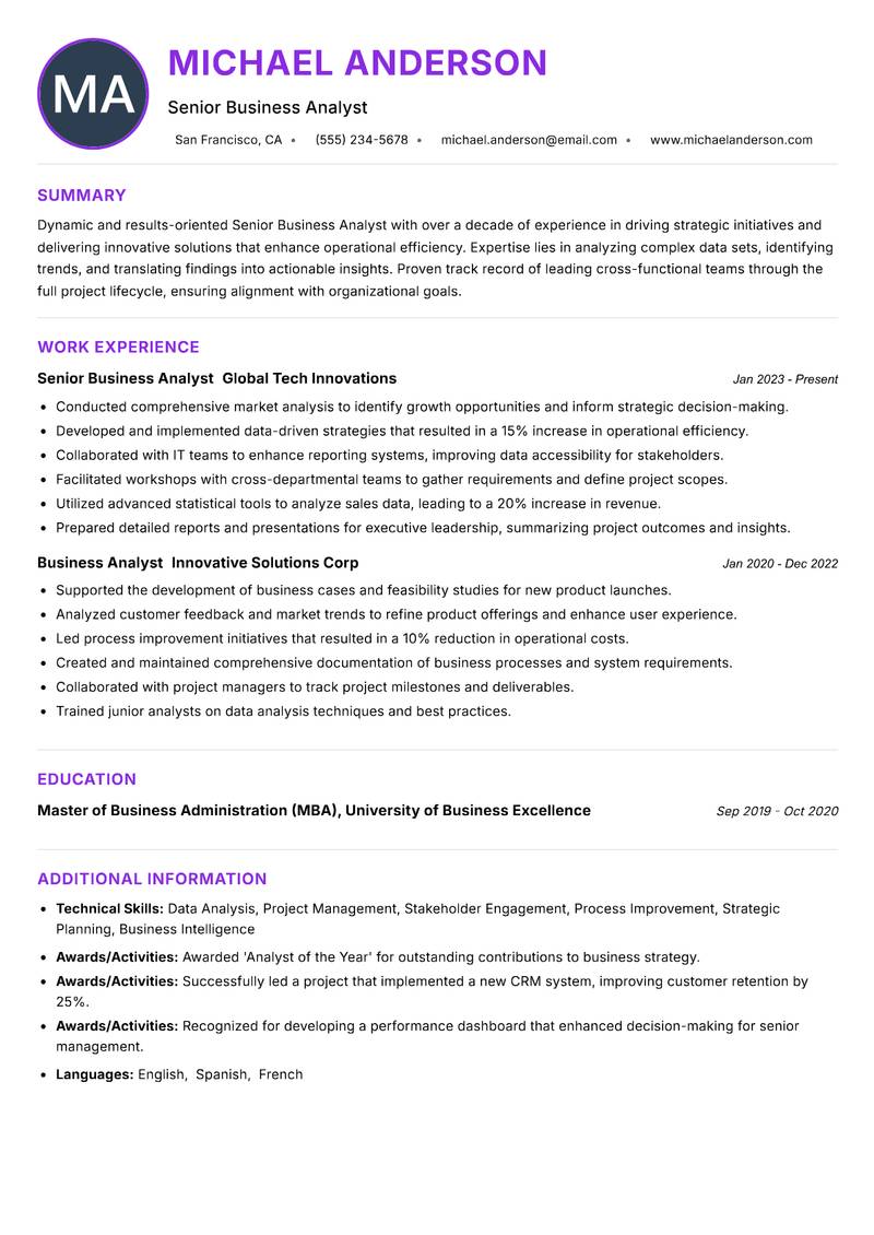 Senior Business Analyst resume example