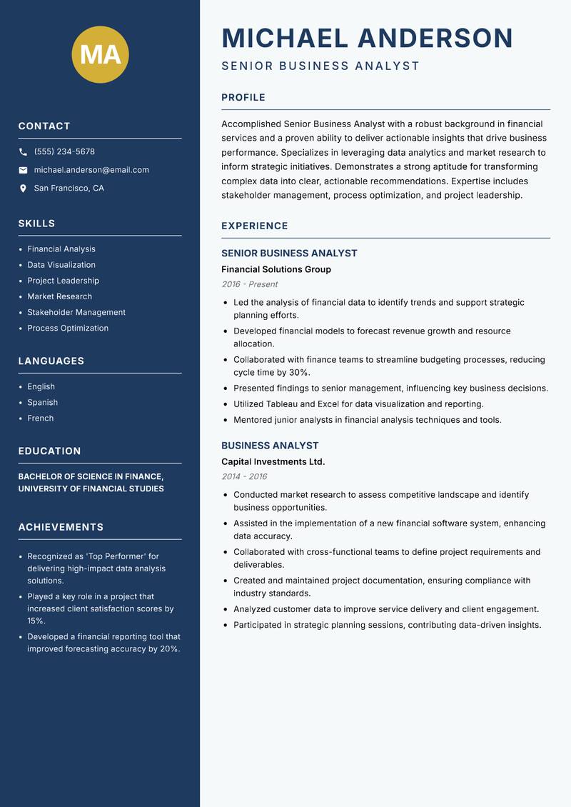 Senior Business Analyst resume sample — Senior Business Analyst focus