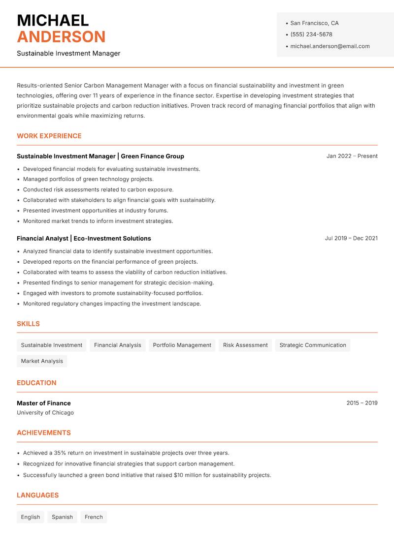 Senior Carbon Management Manager resume sample — Sustainable Investment Manager focus