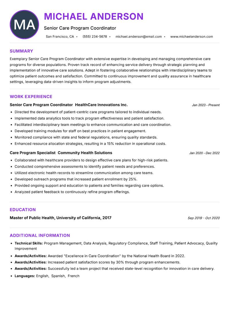 Senior Care Program Coordinator resume example