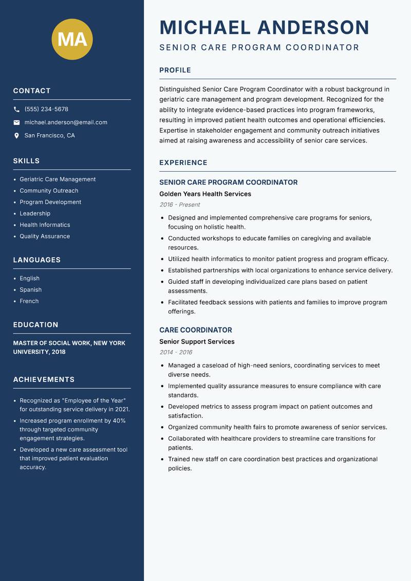 Senior Care Program Coordinator resume sample — Senior Care Program Coordinator focus