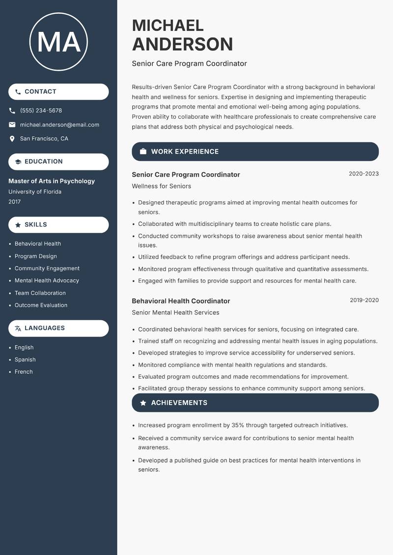 Senior Care Program Coordinator resume sample — Senior Care Program Coordinator focus