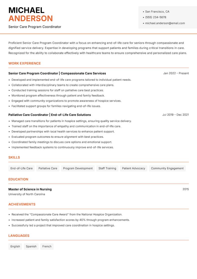 Senior Care Program Coordinator resume sample — Senior Care Program Coordinator focus