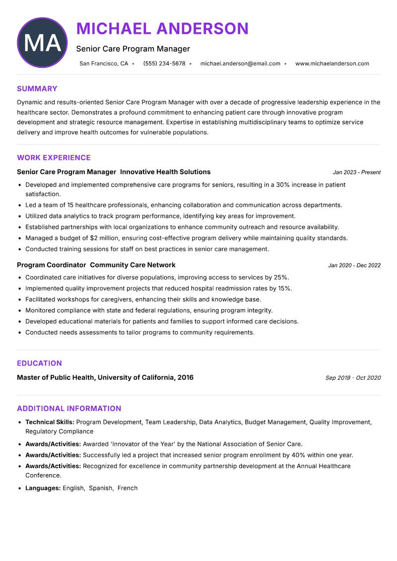 Senior Care Program Manager resume example