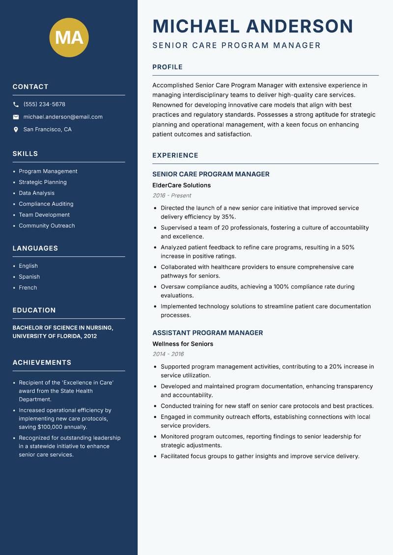 Senior Care Program Manager resume sample — Senior Care Program Manager focus
