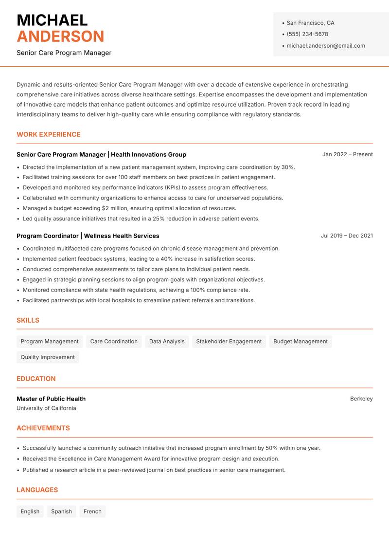 Senior Care Program Manager resume sample — Senior Care Program Manager focus