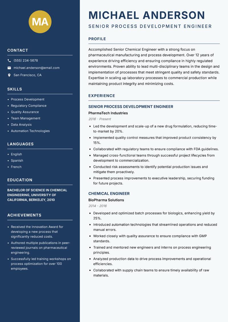Senior Chemical Engineer resume sample — Senior Process Development Engineer focus