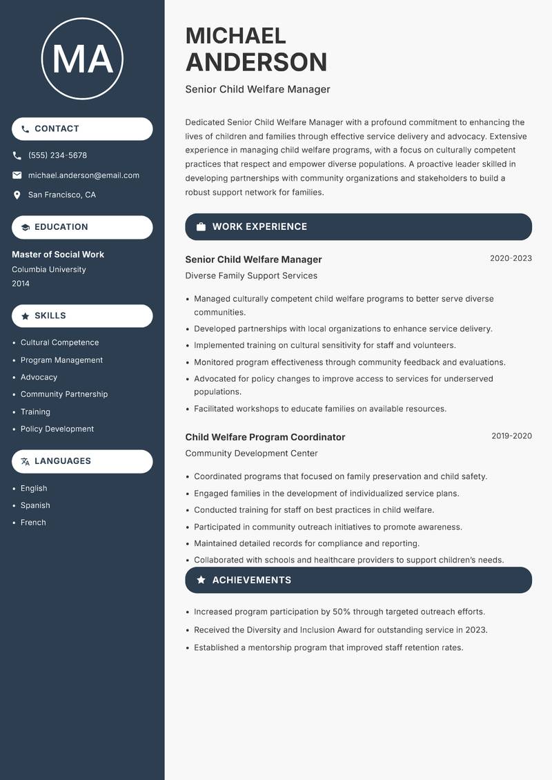 Senior Child Welfare Manager resume sample — Senior Child Welfare Manager focus