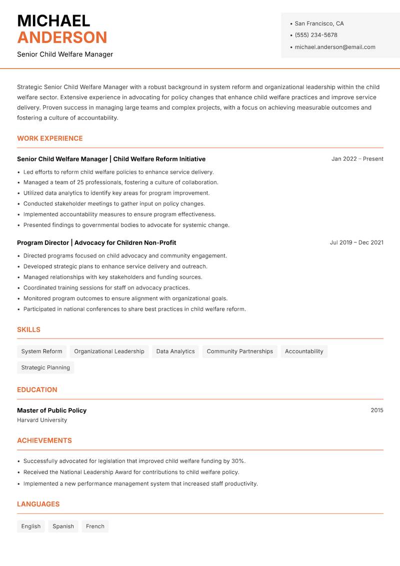 Senior Child Welfare Manager resume sample — Senior Child Welfare Manager focus