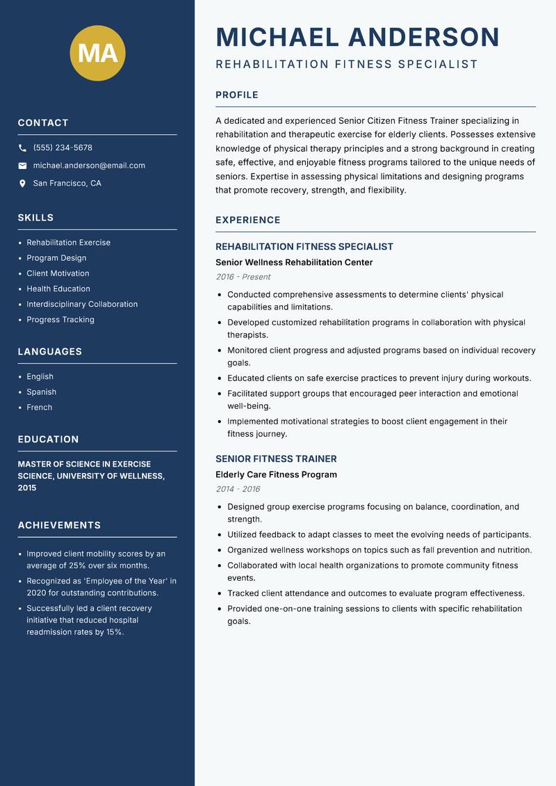 Senior Citizen Fitness Trainer resume sample — Rehabilitation Fitness Specialist focus