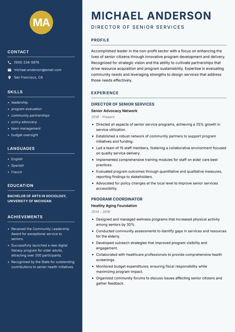 Senior Citizen Program Officer resume sample — Director of Senior Services focus