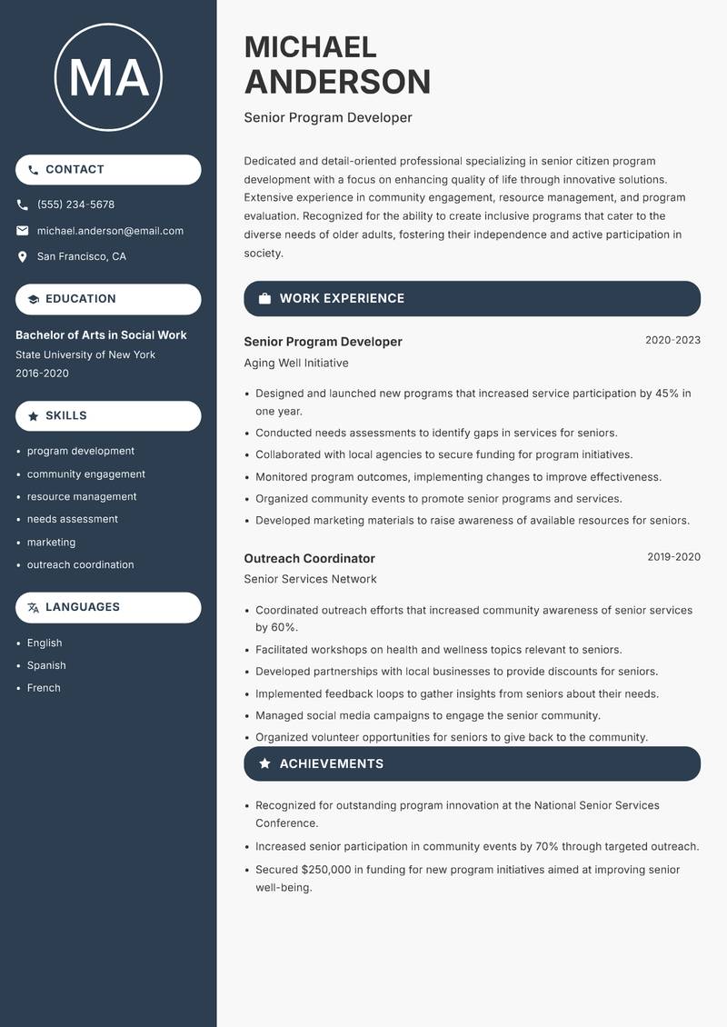 Senior Citizen Program Officer resume sample — Senior Program Developer focus