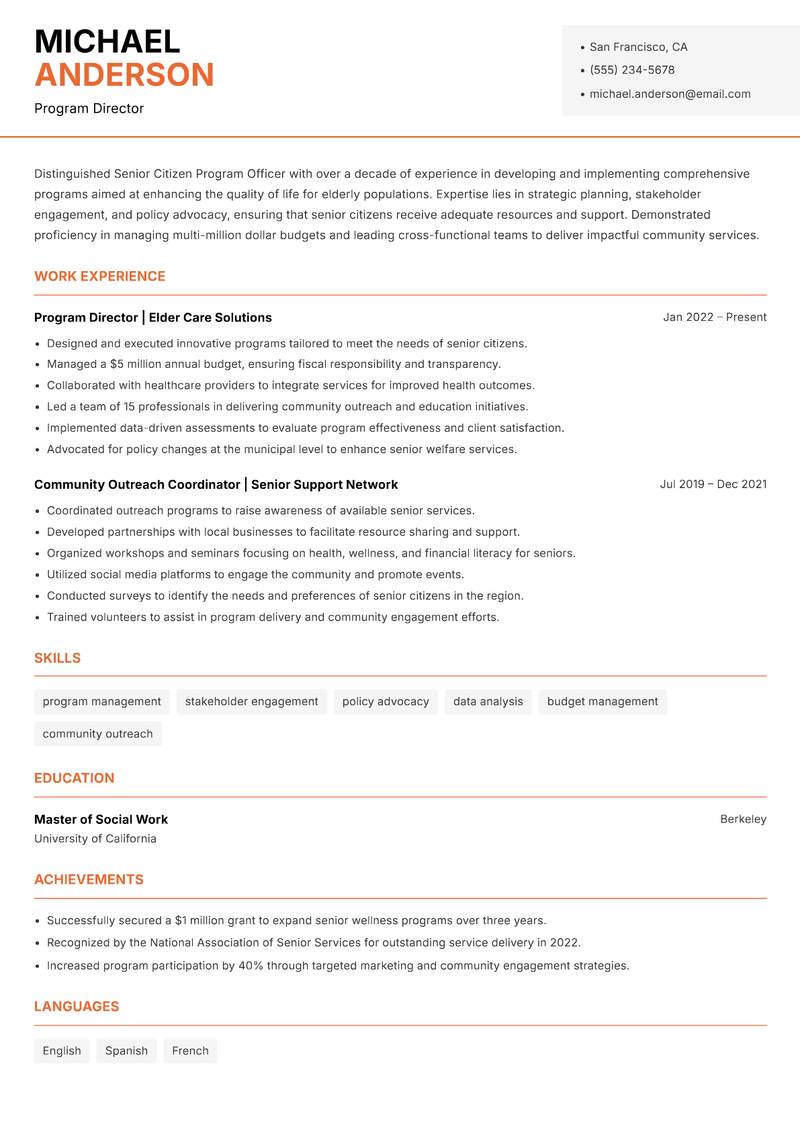 Senior Citizen Program Officer resume sample — Program Director focus