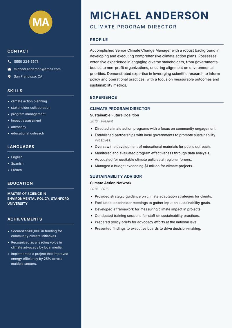 Senior Climate Change Manager resume sample — Climate Program Director focus