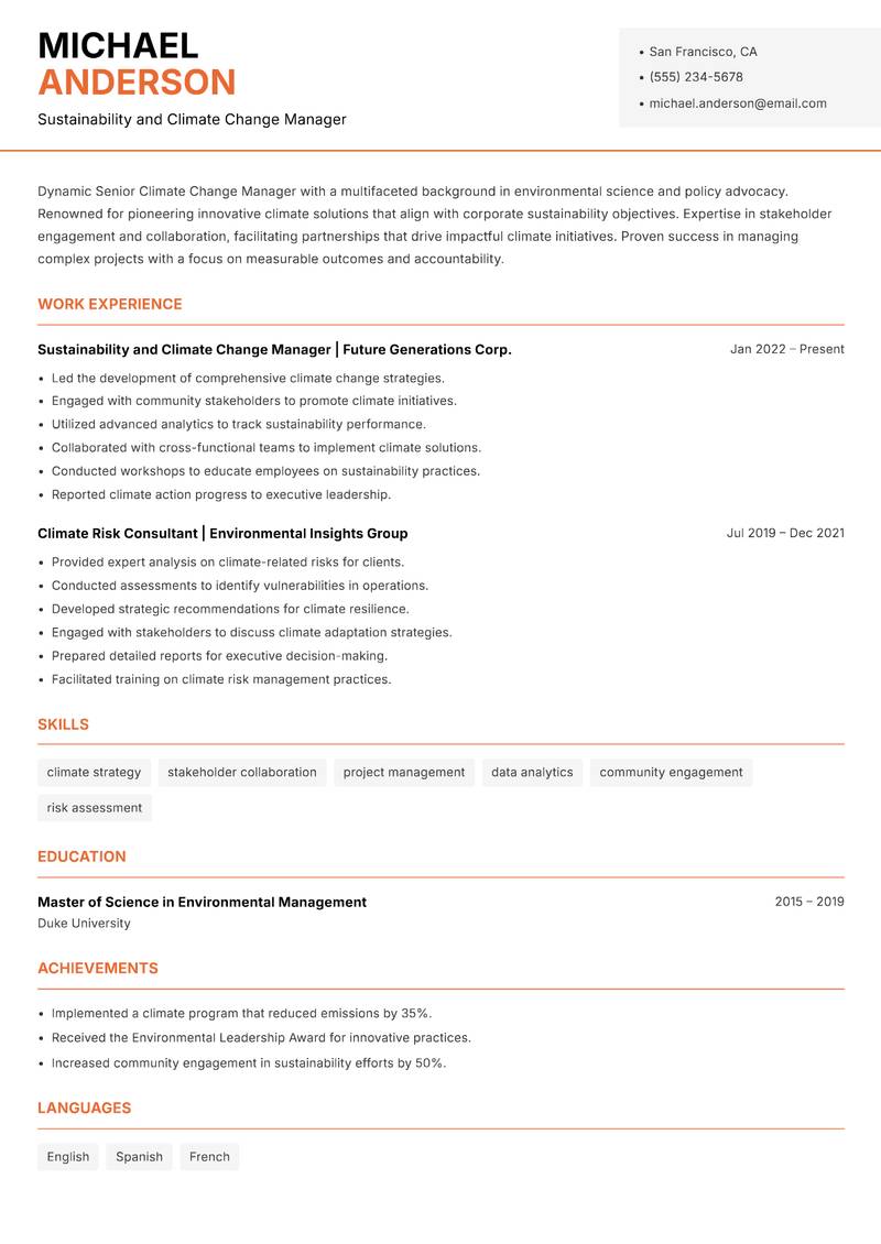 Senior Climate Change Manager resume sample — Sustainability and Climate Change Manager focus