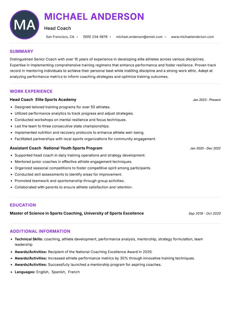 Senior Coach resume example