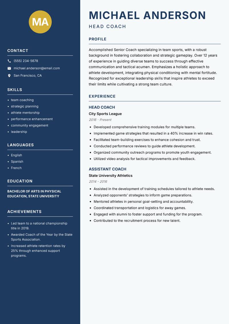 Senior Coach resume sample — Head Coach focus