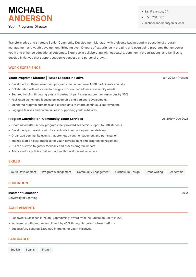 Senior Community Development Manager resume sample — Youth Programs Director focus