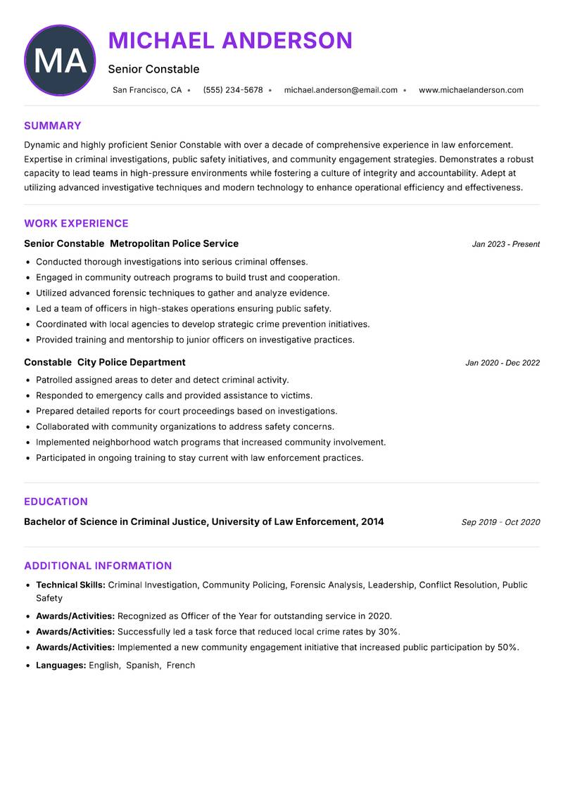 Senior Constable resume example
