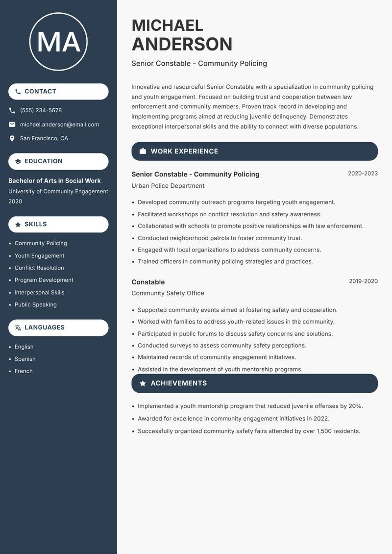 Senior Constable resume sample — Senior Constable - Community Policing focus
