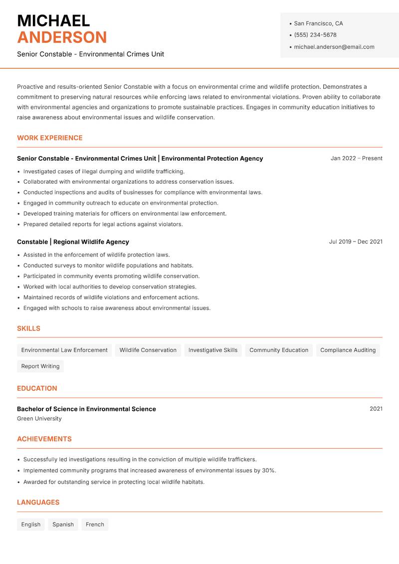 Senior Constable resume sample — Senior Constable - Environmental Crimes Unit focus