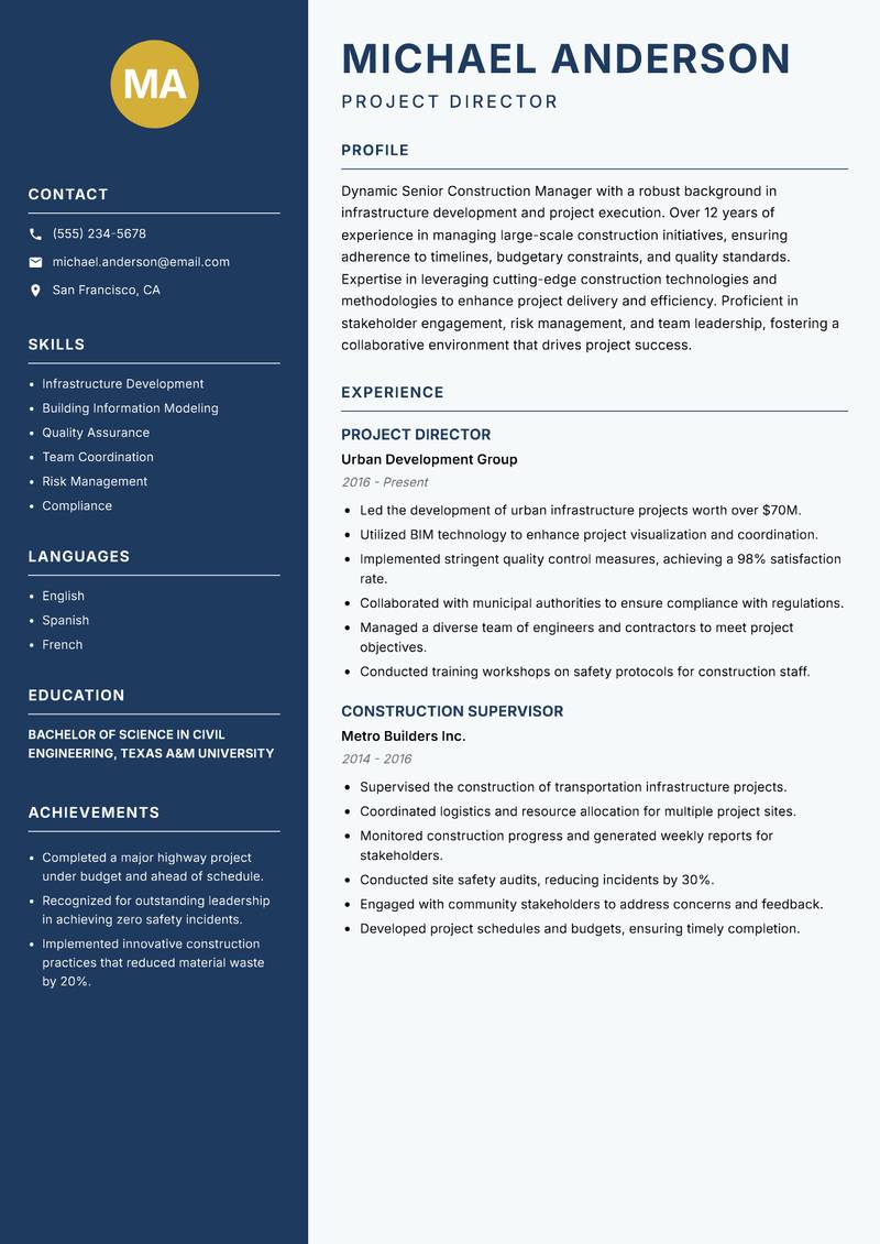 Senior Construction Manager resume sample — Project Director focus