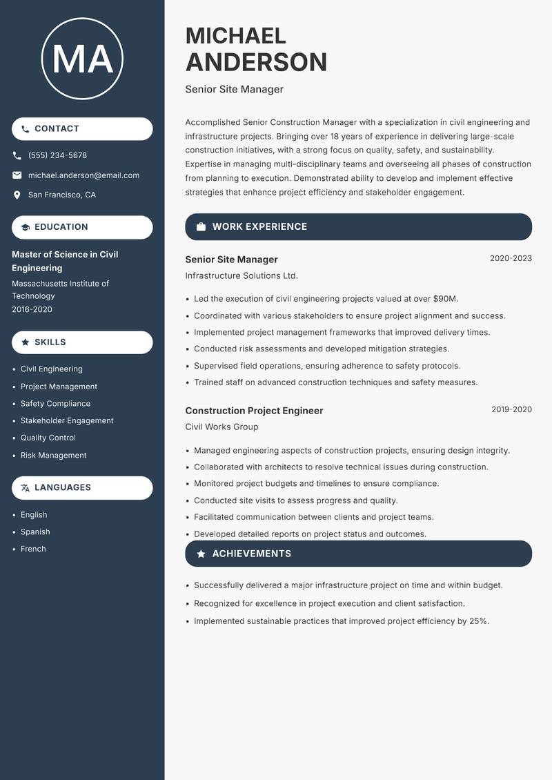 Senior Construction Manager resume sample — Senior Site Manager focus