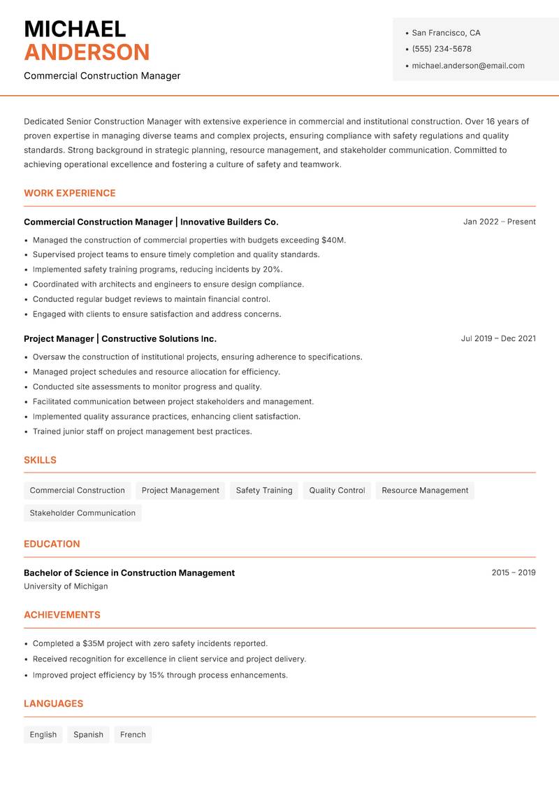 Senior Construction Manager resume sample — Commercial Construction Manager focus
