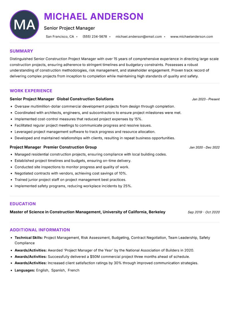 Senior Construction Project Manager resume example