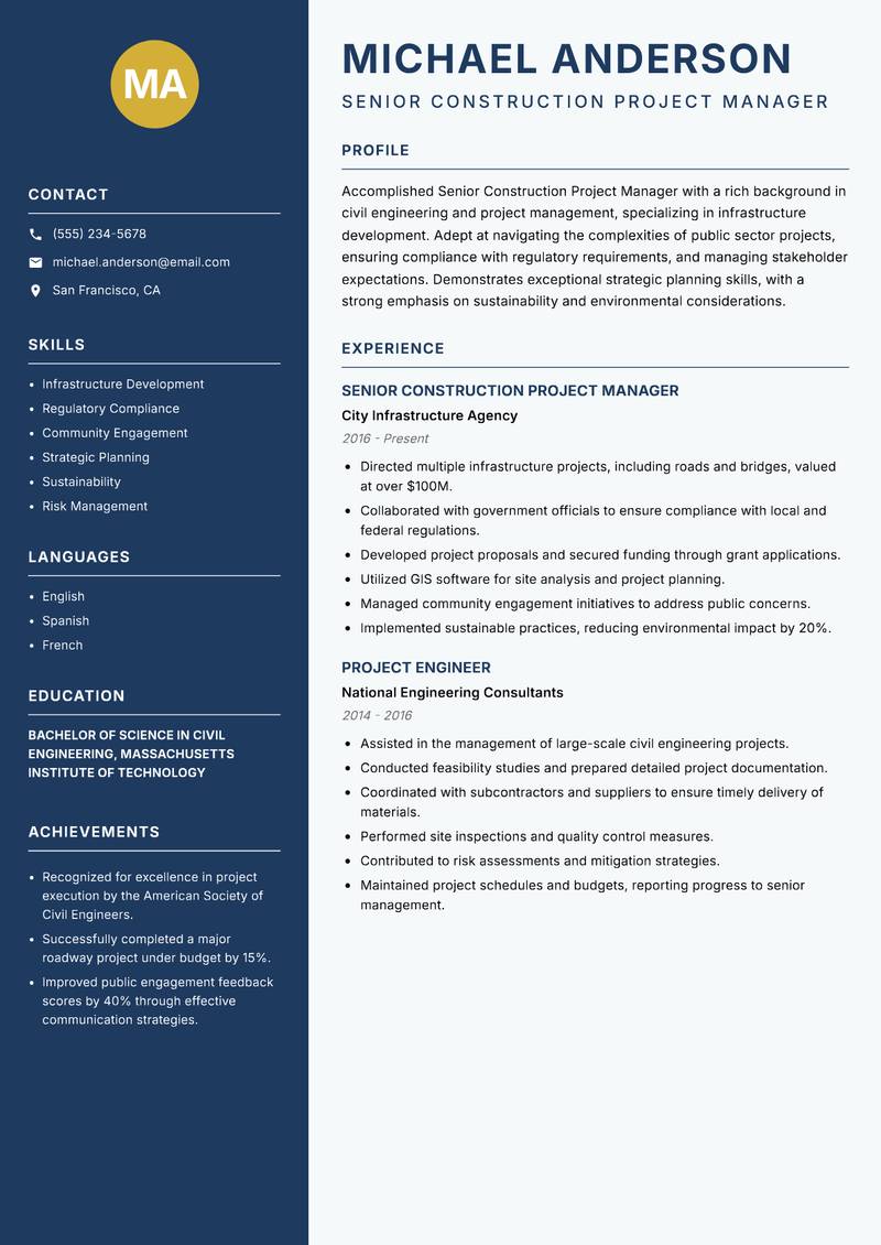 Senior Construction Project Manager resume sample — Senior Construction Project Manager focus
