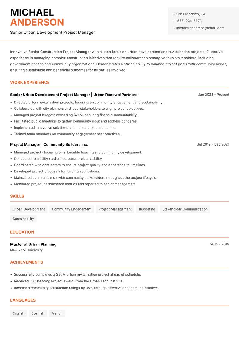 Senior Construction Project Manager resume sample — Senior Urban Development Project Manager focus