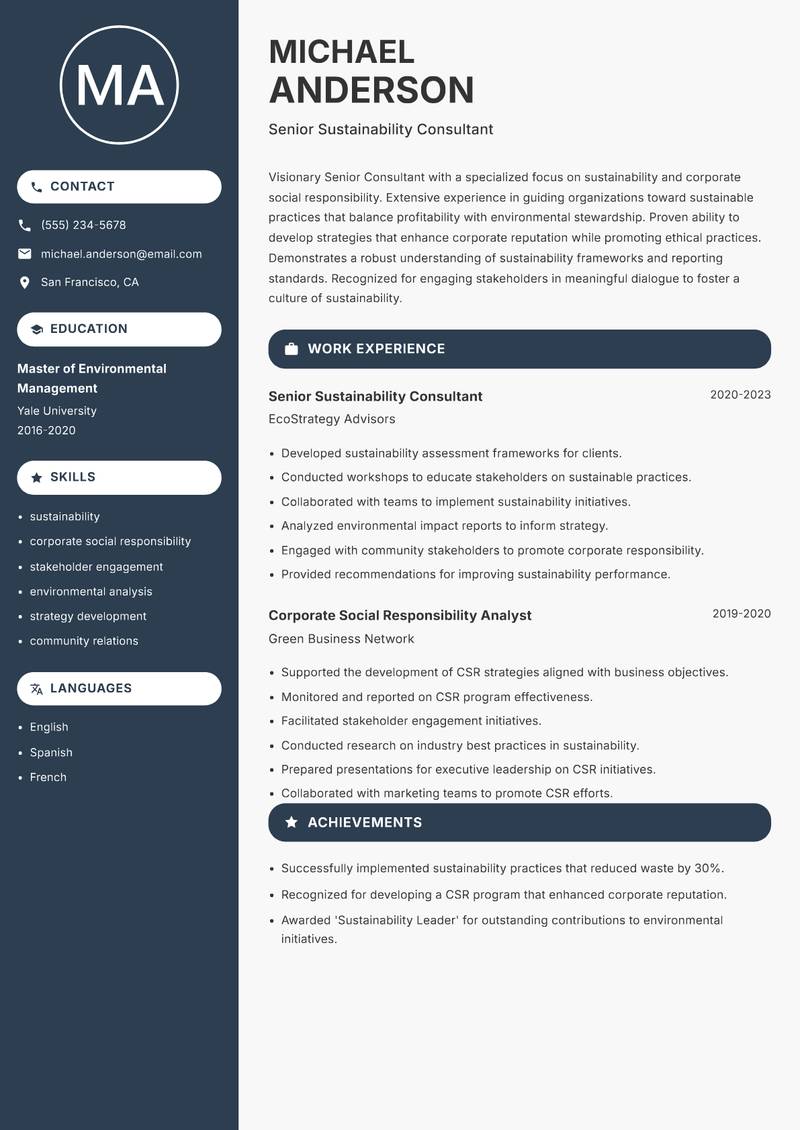 Senior Consultant resume sample — Senior Sustainability Consultant focus