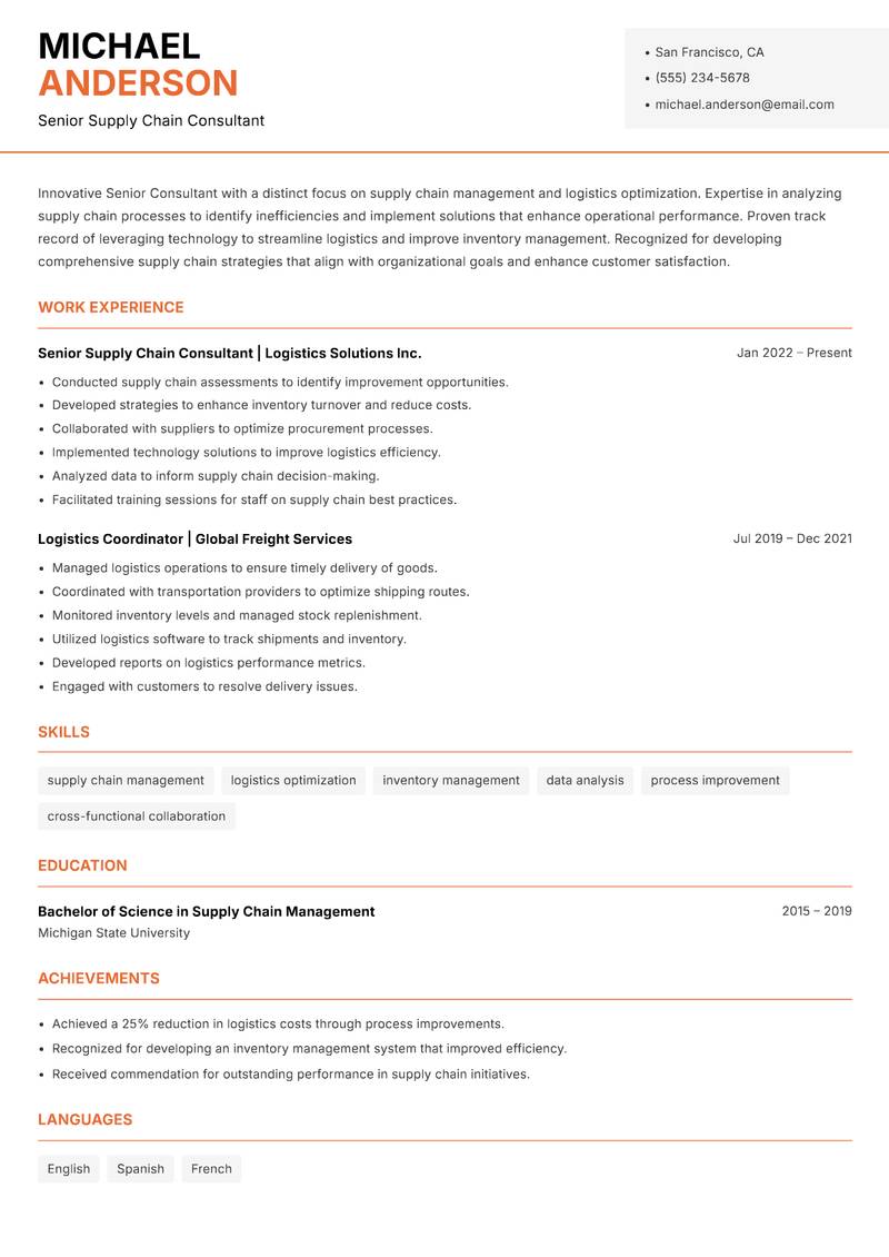 Senior Consultant resume sample — Senior Supply Chain Consultant focus