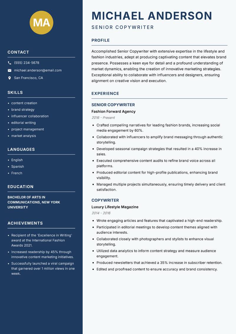 Senior Copywriter resume sample — Senior Copywriter focus