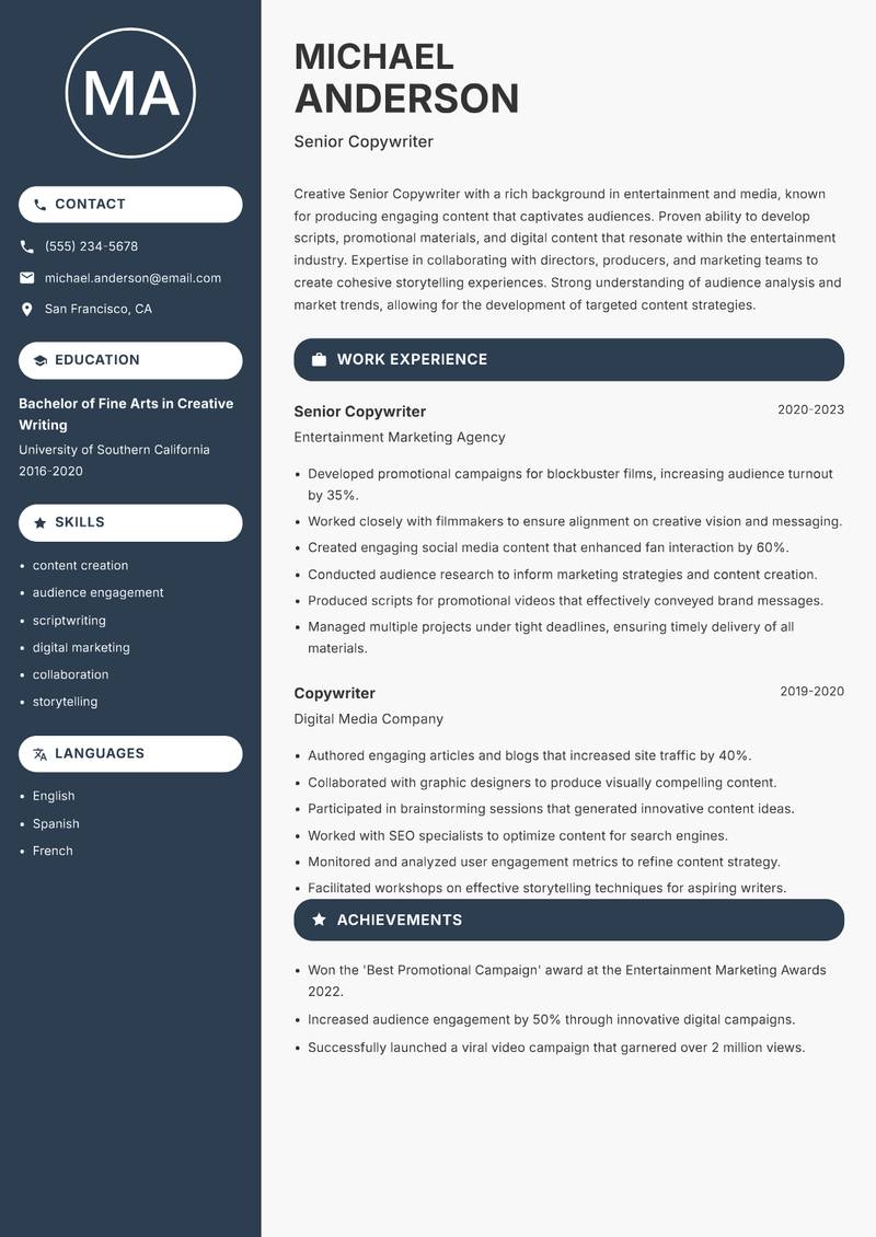Senior Copywriter resume sample — Senior Copywriter focus