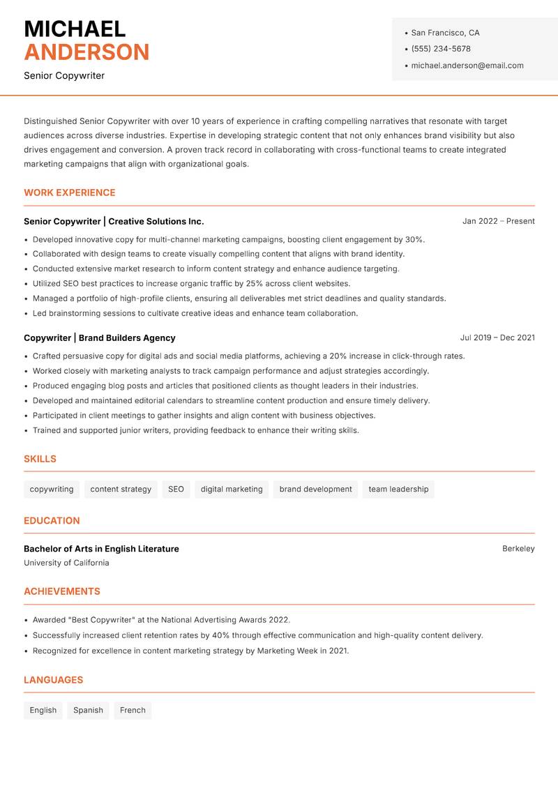 Senior Copywriter resume sample — Senior Copywriter focus