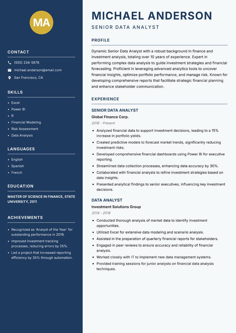 Senior Data Analyst resume sample — Senior Data Analyst focus