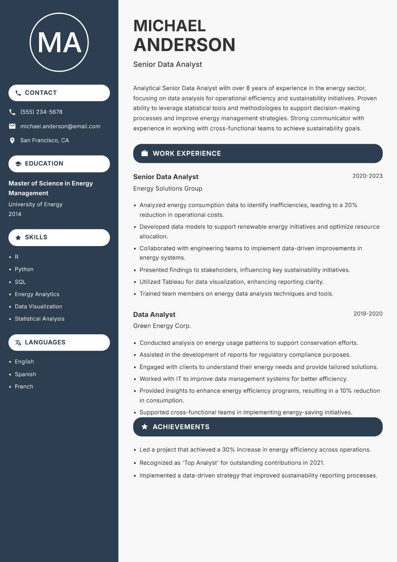 Senior Data Analyst resume sample — Senior Data Analyst focus