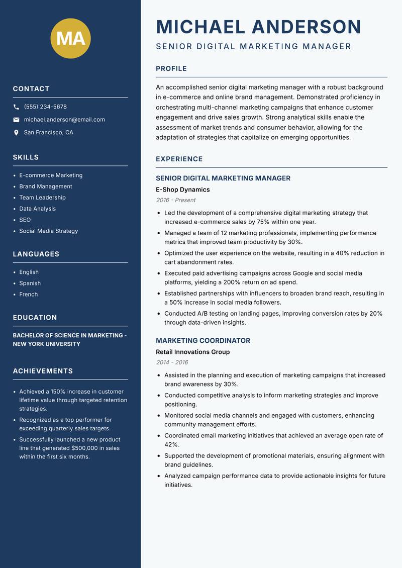 Senior Digital Marketing Manager resume sample — Senior Digital Marketing Manager focus