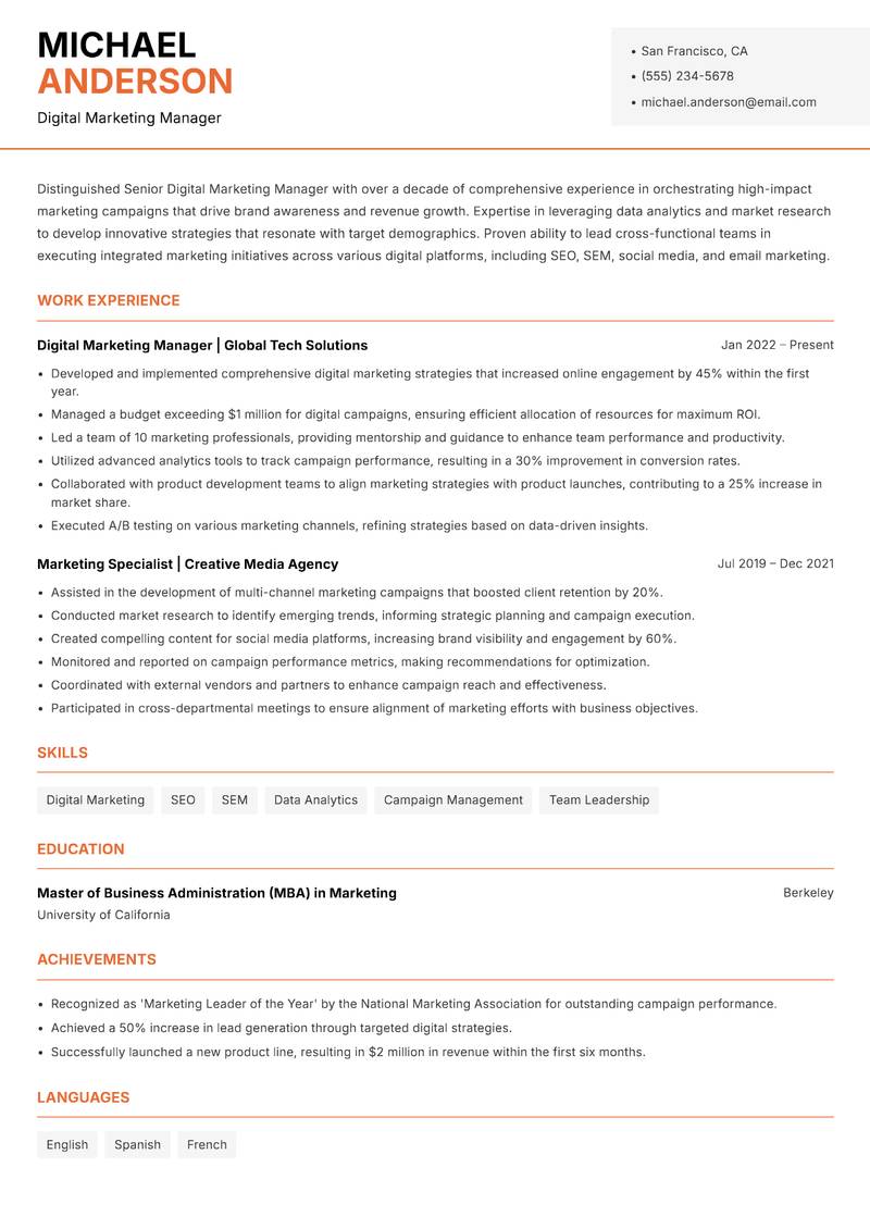 Senior Digital Marketing Manager resume sample — Digital Marketing Manager focus