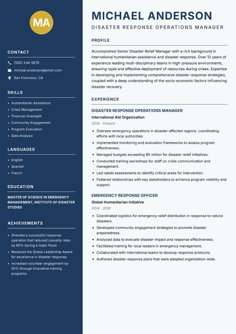 Senior Disaster Relief Manager resume sample — Disaster Response Operations Manager focus