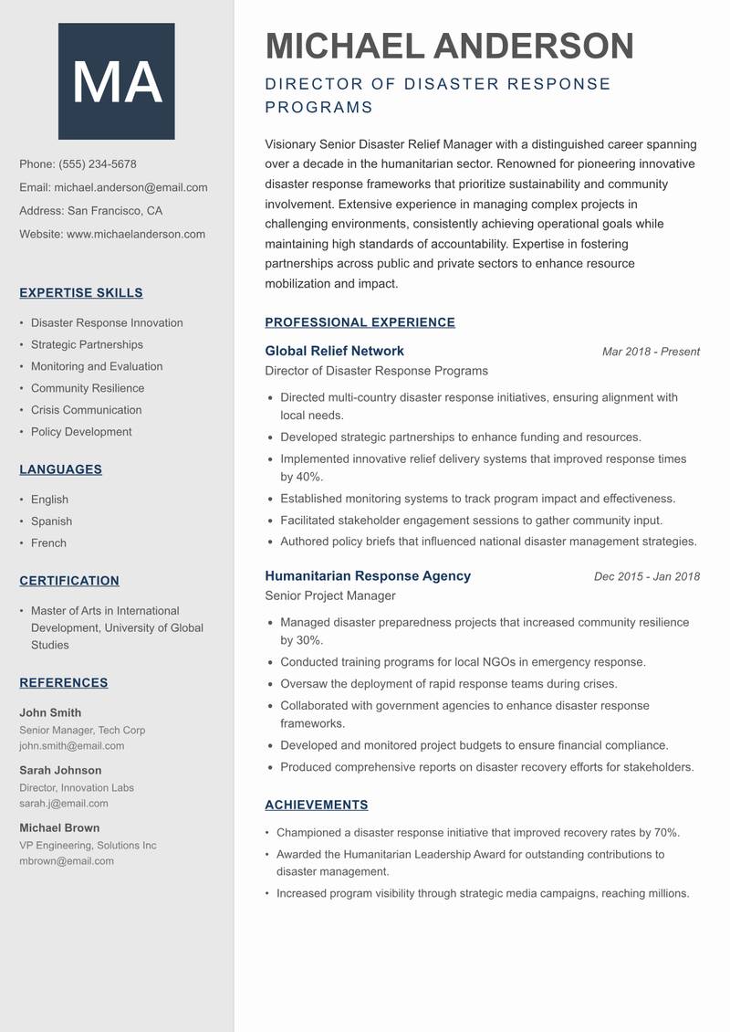 Senior Disaster Relief Manager resume sample — Director of Disaster Response Programs focus