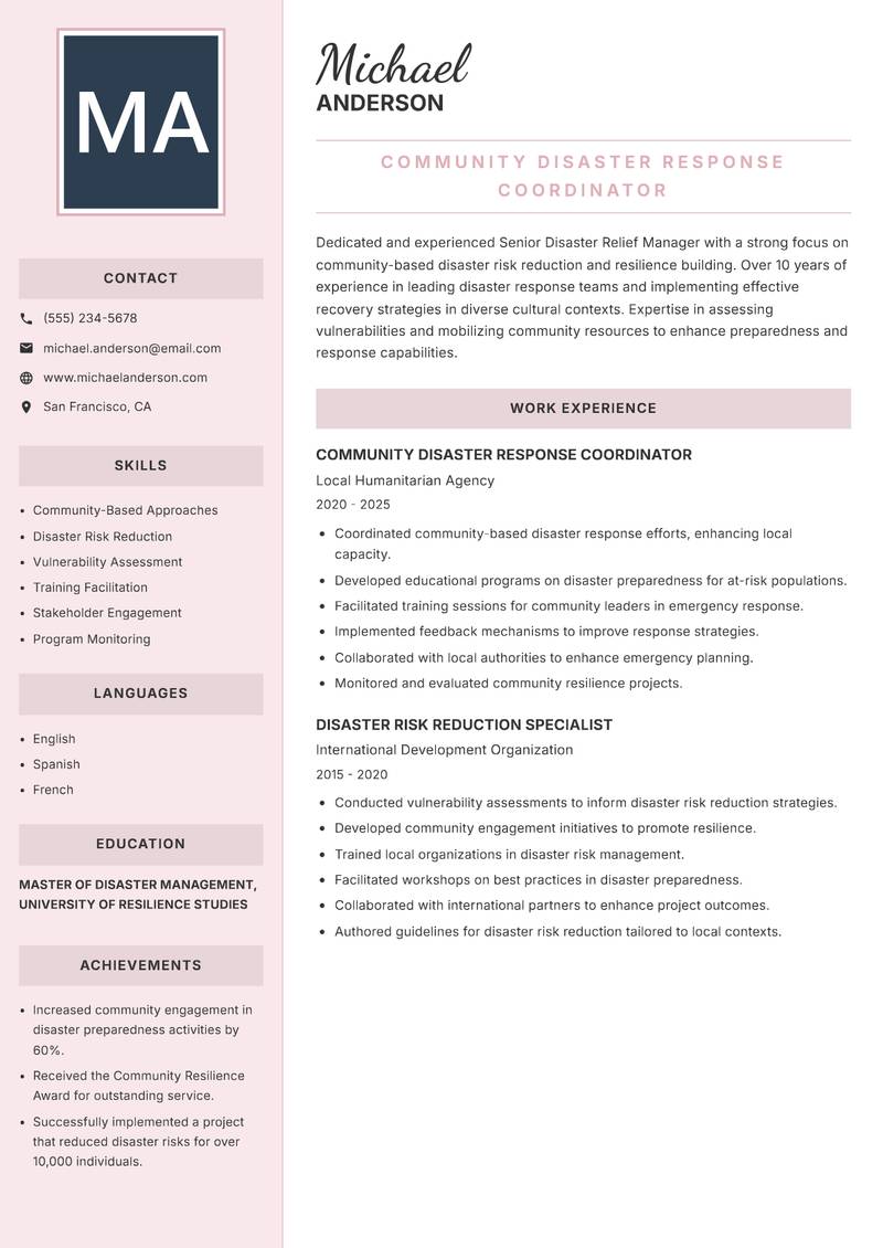 Senior Disaster Relief Manager resume sample — Community Disaster Response Coordinator focus