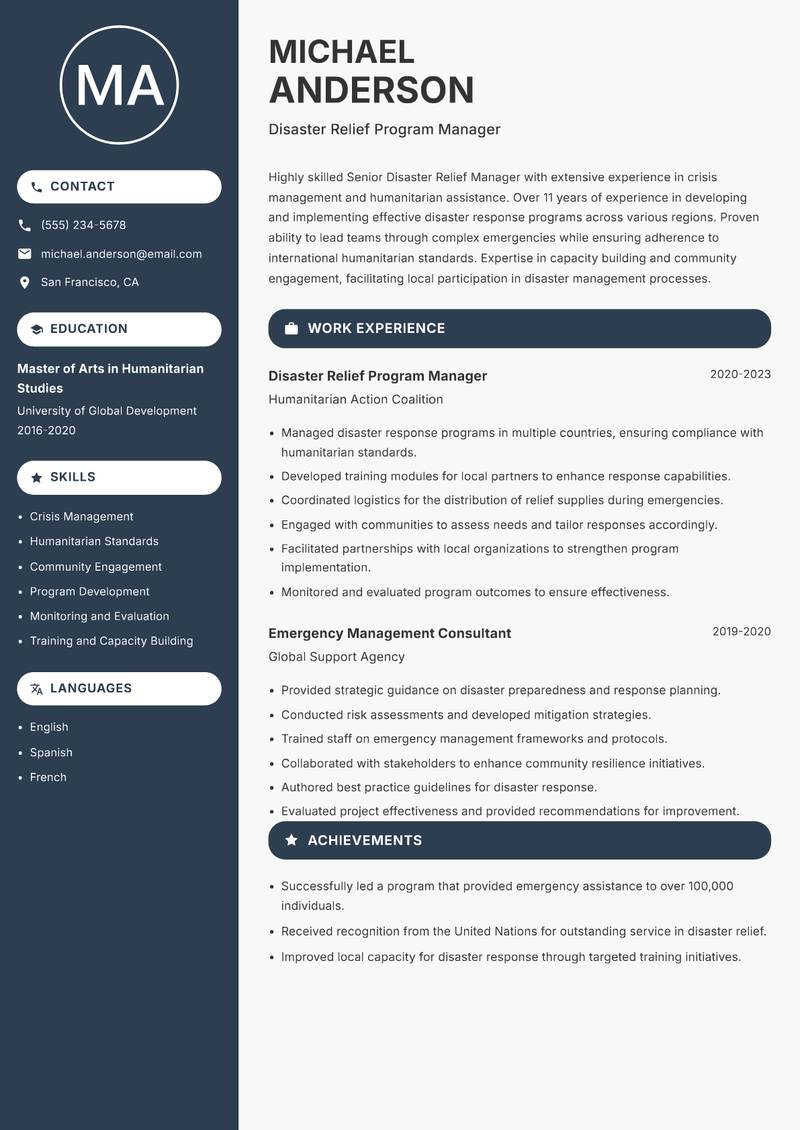 Senior Disaster Relief Manager resume sample — Disaster Relief Program Manager focus