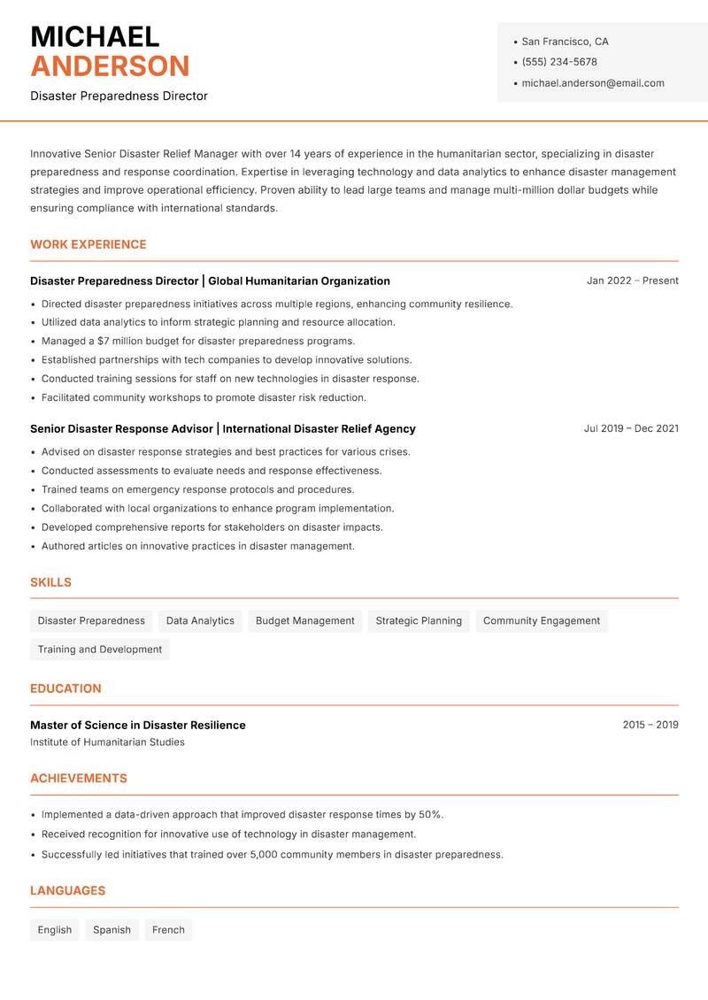 Senior Disaster Relief Manager resume sample — Disaster Preparedness Director focus