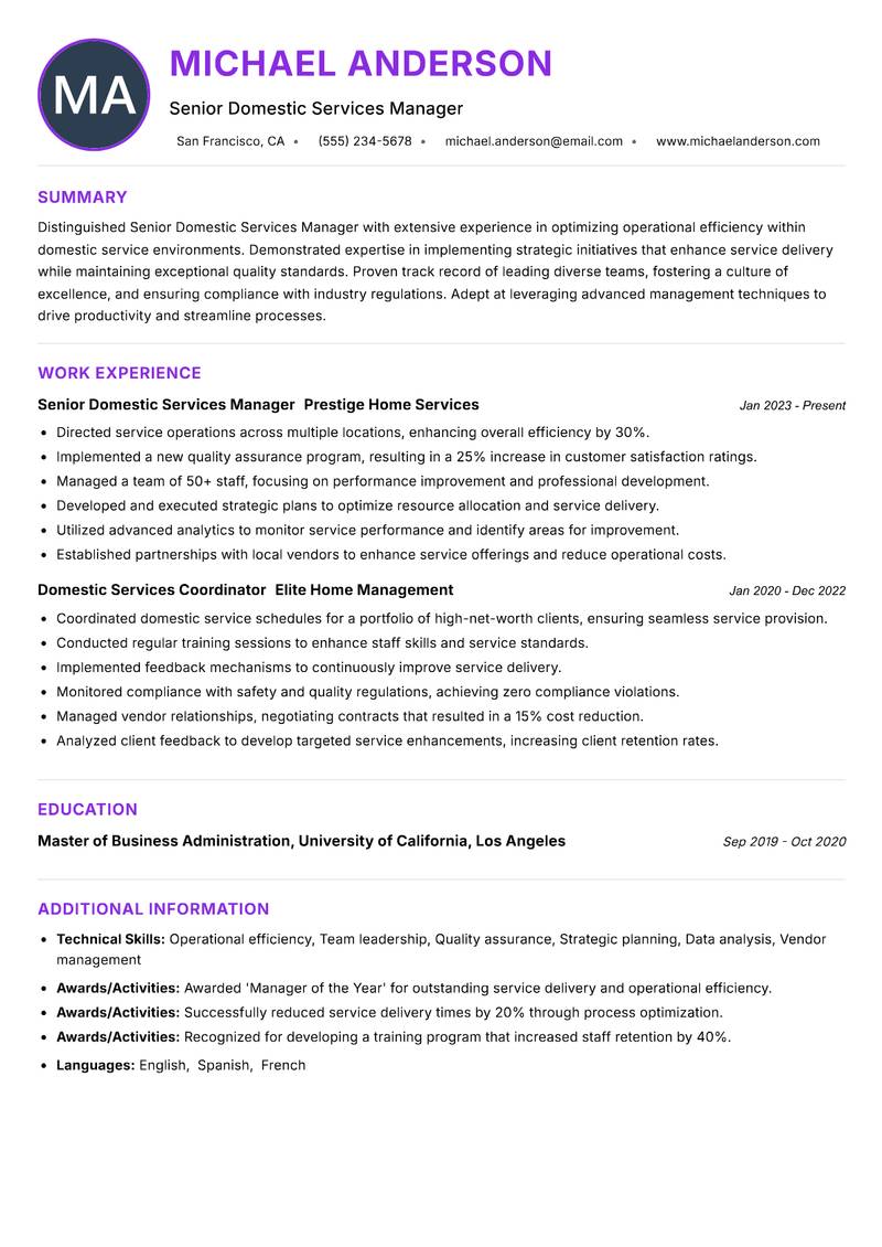 Senior Domestic Services Manager resume example